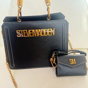 NWT STEVE MADDEN BEVELYN CONTRAST SATCHEL CROSSBODY BAG W MINI POUCH BLACK